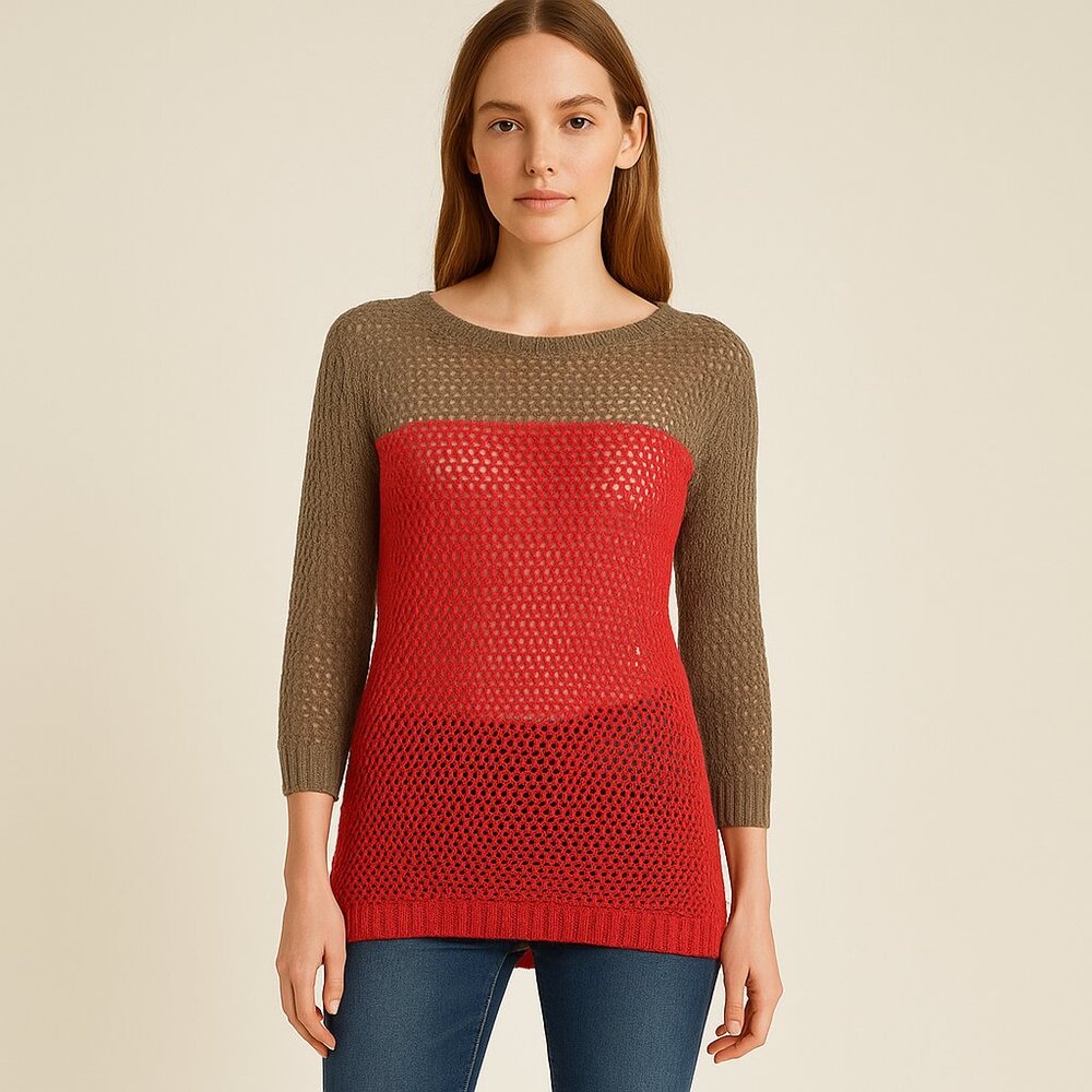 Apt. 9 Red Tan Mesh Knit Sweater Size Small Longline Lightweight Boho Y2K Top
